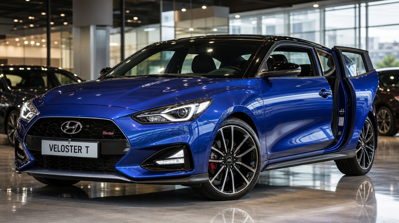 Carro esportivo Hyundai Veloster T azul com porta traseira direita aberta em showroom iluminado.