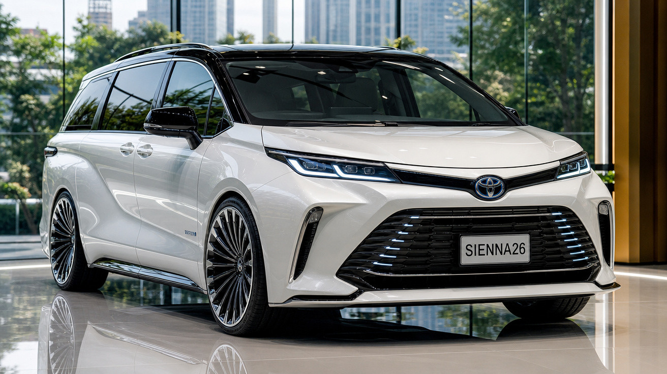 Minivan branca Toyota Sienna 2026 com teto preto, rodas grandes e design moderno em showroom.