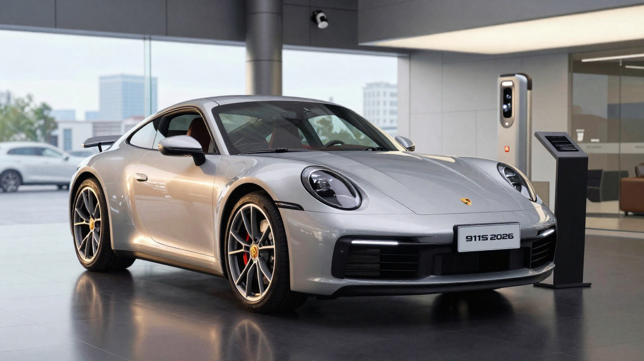 Carro esportivo prata Porsche 911S 2026 estacionado em showroom moderno com piso brilhante.