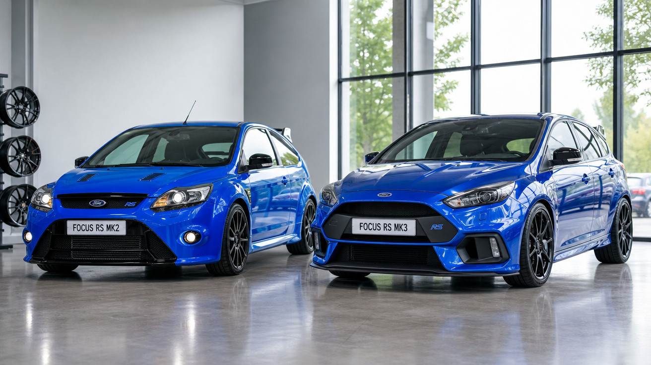 Dois carros azuis Ford Focus RS MK2 e MK3 estacionados em garagem com teto alto e janela grande.
