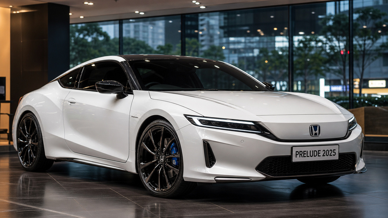 Carro esportivo branco Honda Prelude 2025 em showroom moderno com acabamento preto e rodas esportivas.