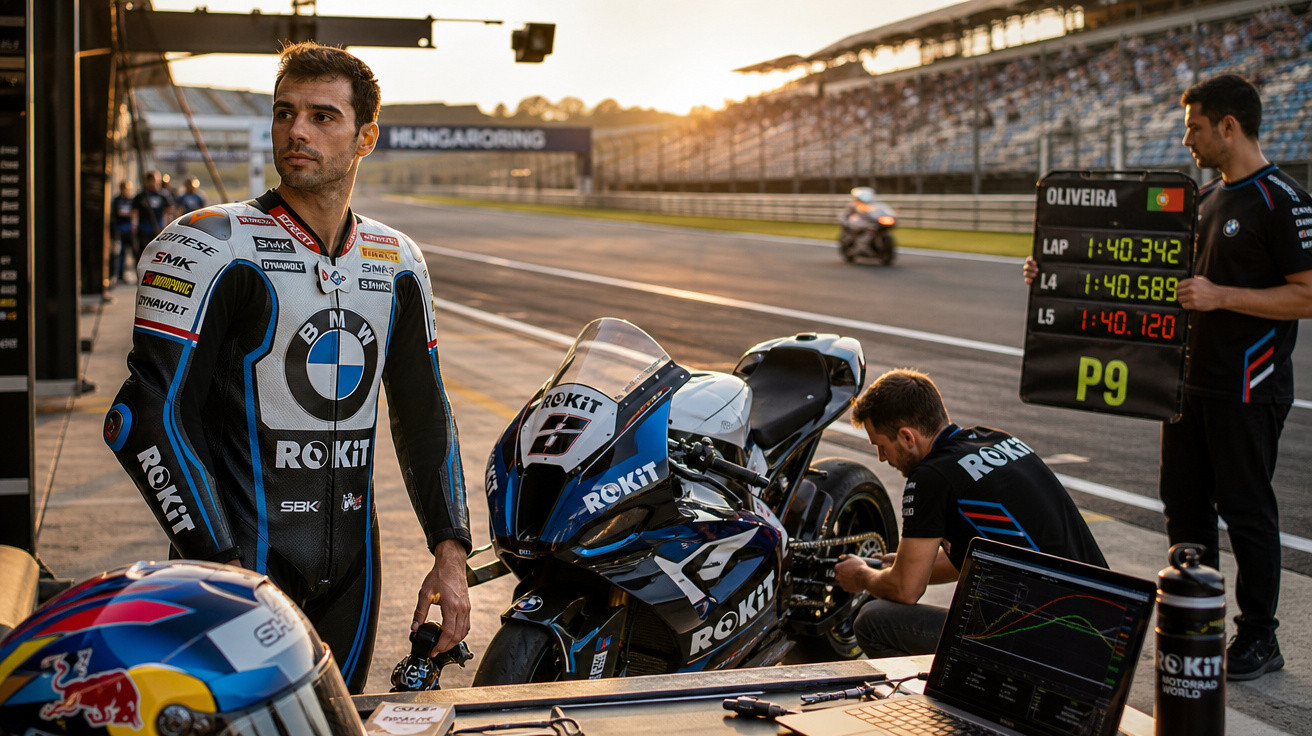 Piloto de moto em macacão BMW e equipe ajustam moto na pista de corrida ao pôr do sol.