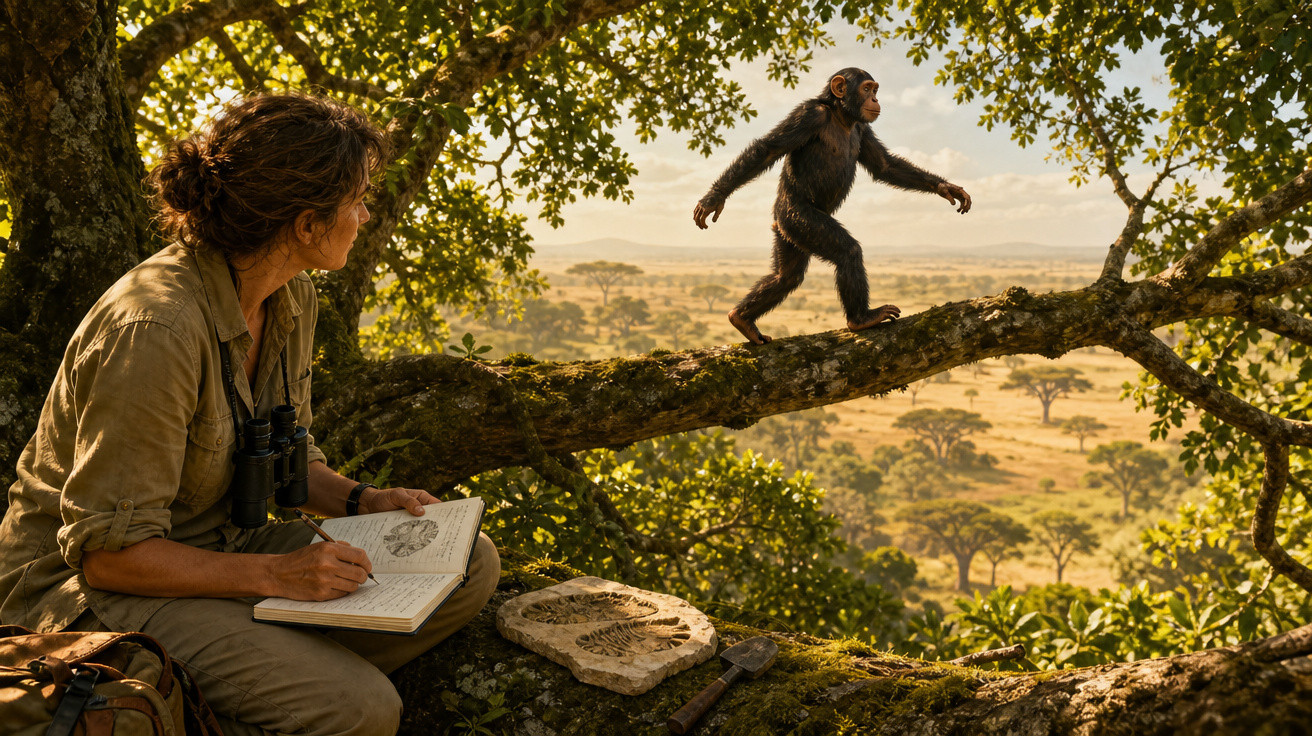 Mulher observando chimpanzé andando em galho de árvore com caderno de anotações em área de savana.