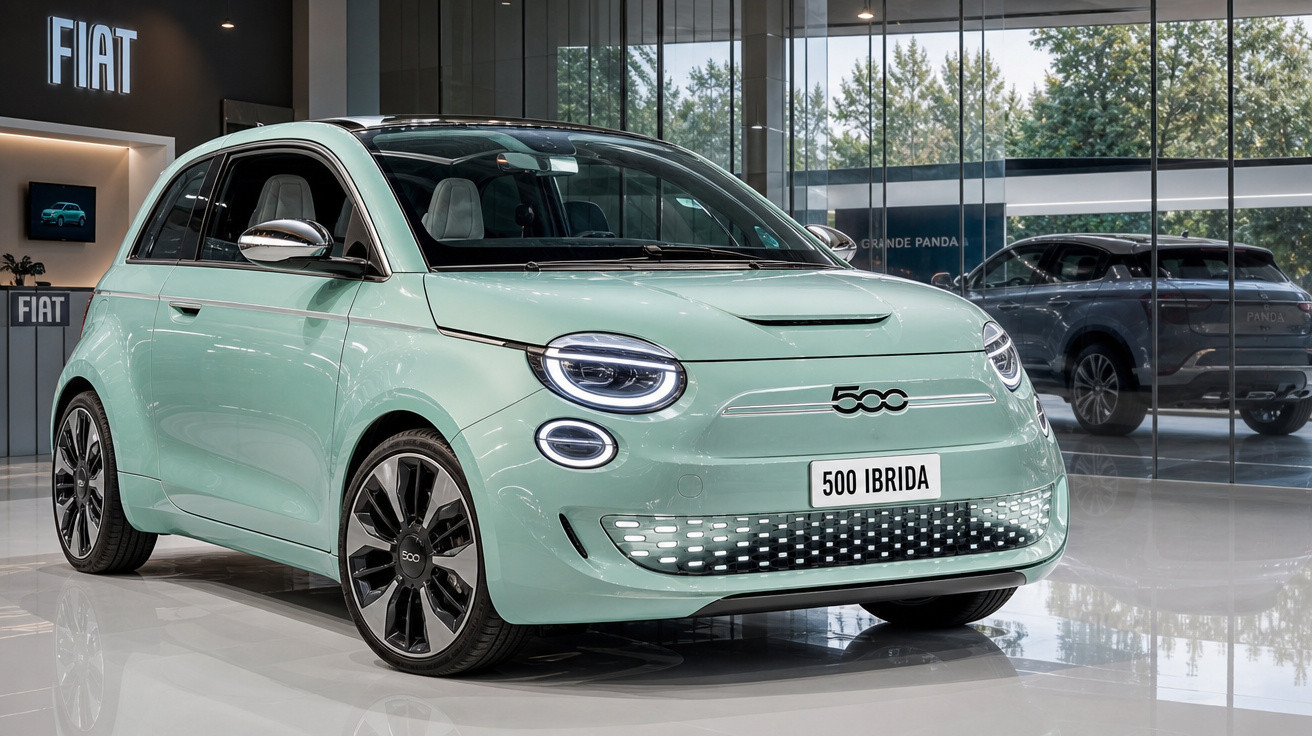 Carro Fiat 500 híbrido exibido em showroom moderno com vidro ao fundo e iluminação refletida no chão.