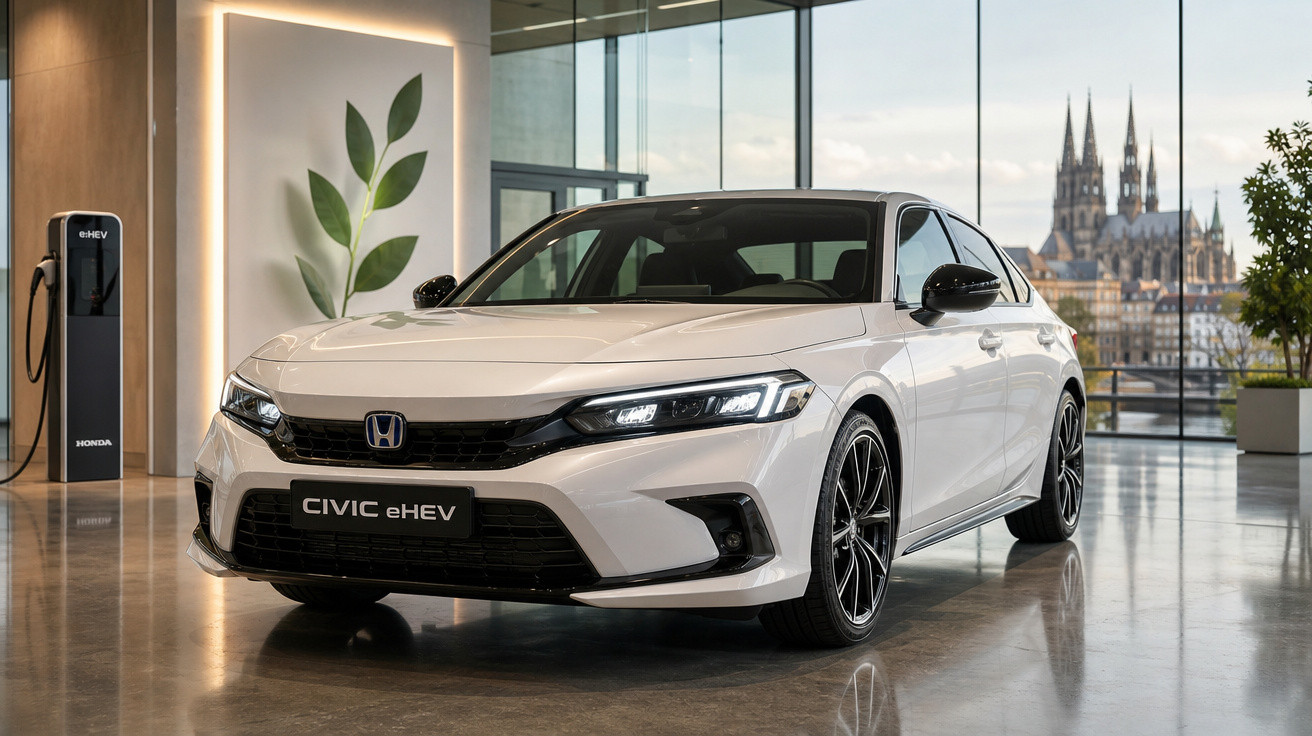 Carro Honda Civic eHEV branco em ambiente interno moderno com parede de vidro e posto de recarga.