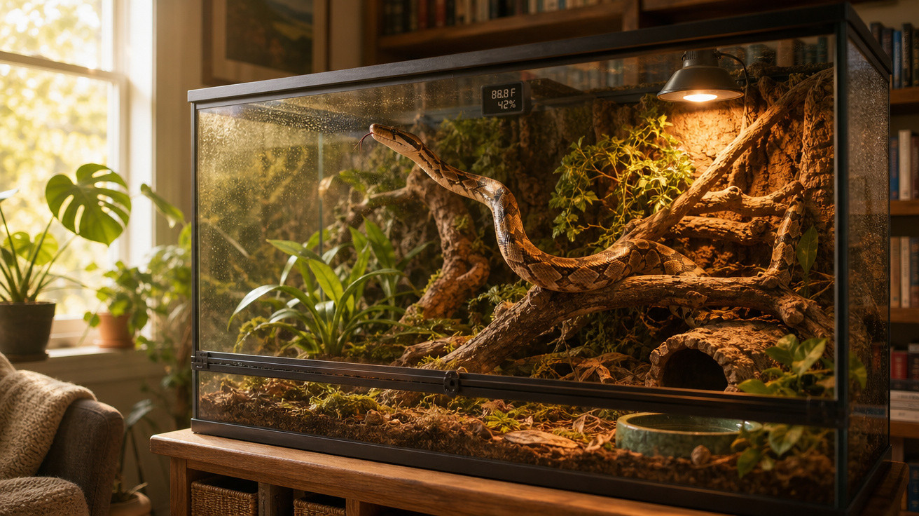 Terrário de vidro com cobra e vegetação, iluminado dentro de uma sala aconchegante.