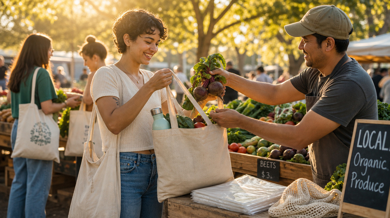 Pessoa comprando vegetais orgânicos em feira ao ar livre com vendedor entregando beterrabas.