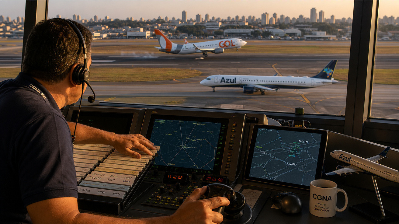 Controlador de tráfego aéreo monitora aviões das companhias Gol e Azul na pista ao pôr do sol.
