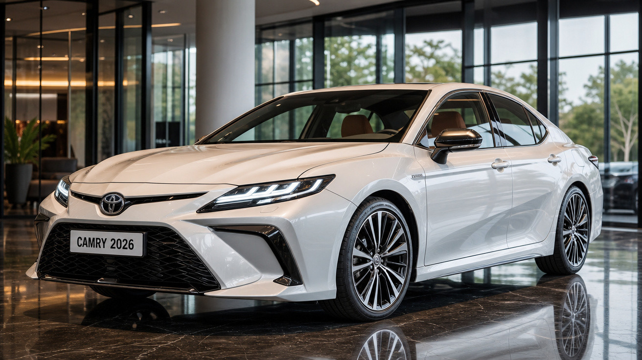 Carro sedan branco Toyota Camry 2026 em exibição dentro de showroom moderno.