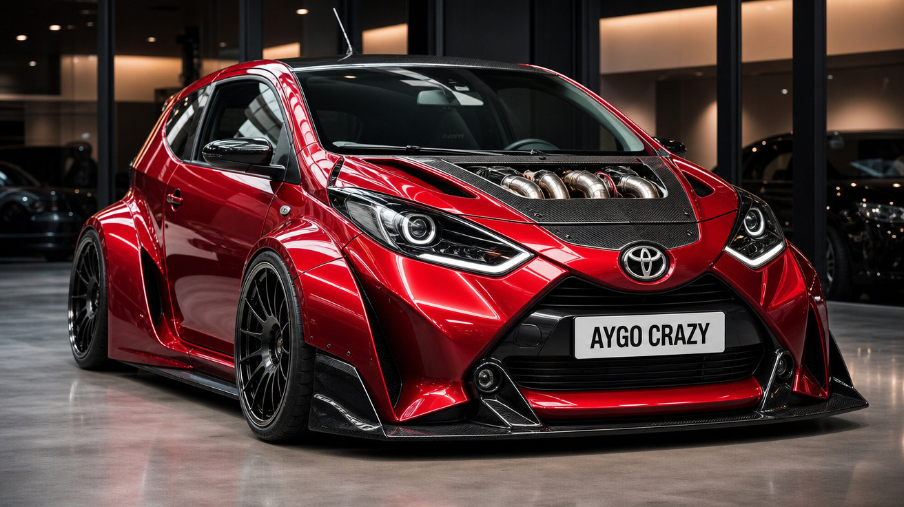 Carro esportivo vermelho Toyota Aygo Crazy com design modificado e capô transparente exibindo motor.