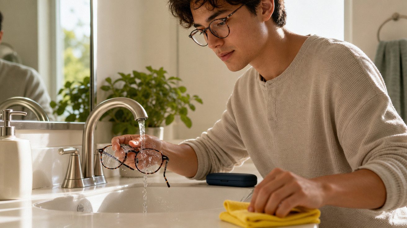 Jovem lavando os óculos com água na pia do banheiro e segurando um pano amarelo.