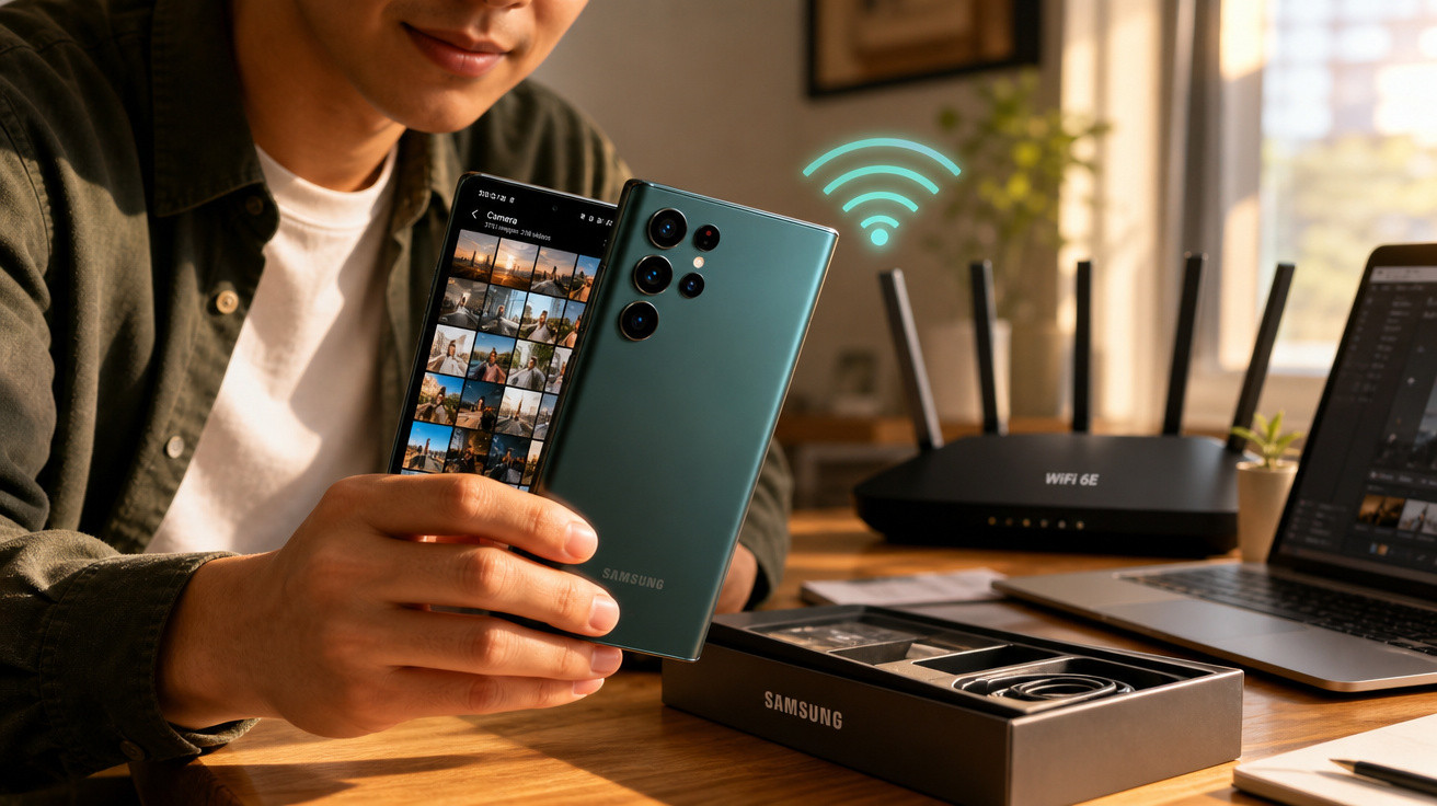 Pessoa segurando celular Samsung novo com fotos na tela, perto de roteador Wi-Fi e caixa do aparelho.