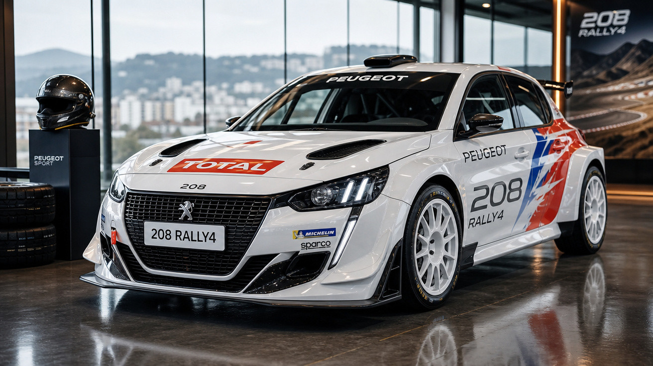 Carro de rally Peugeot 208 RALLY4 branco com logos e decoração vermelha e azul, exibido em showroom moderno.