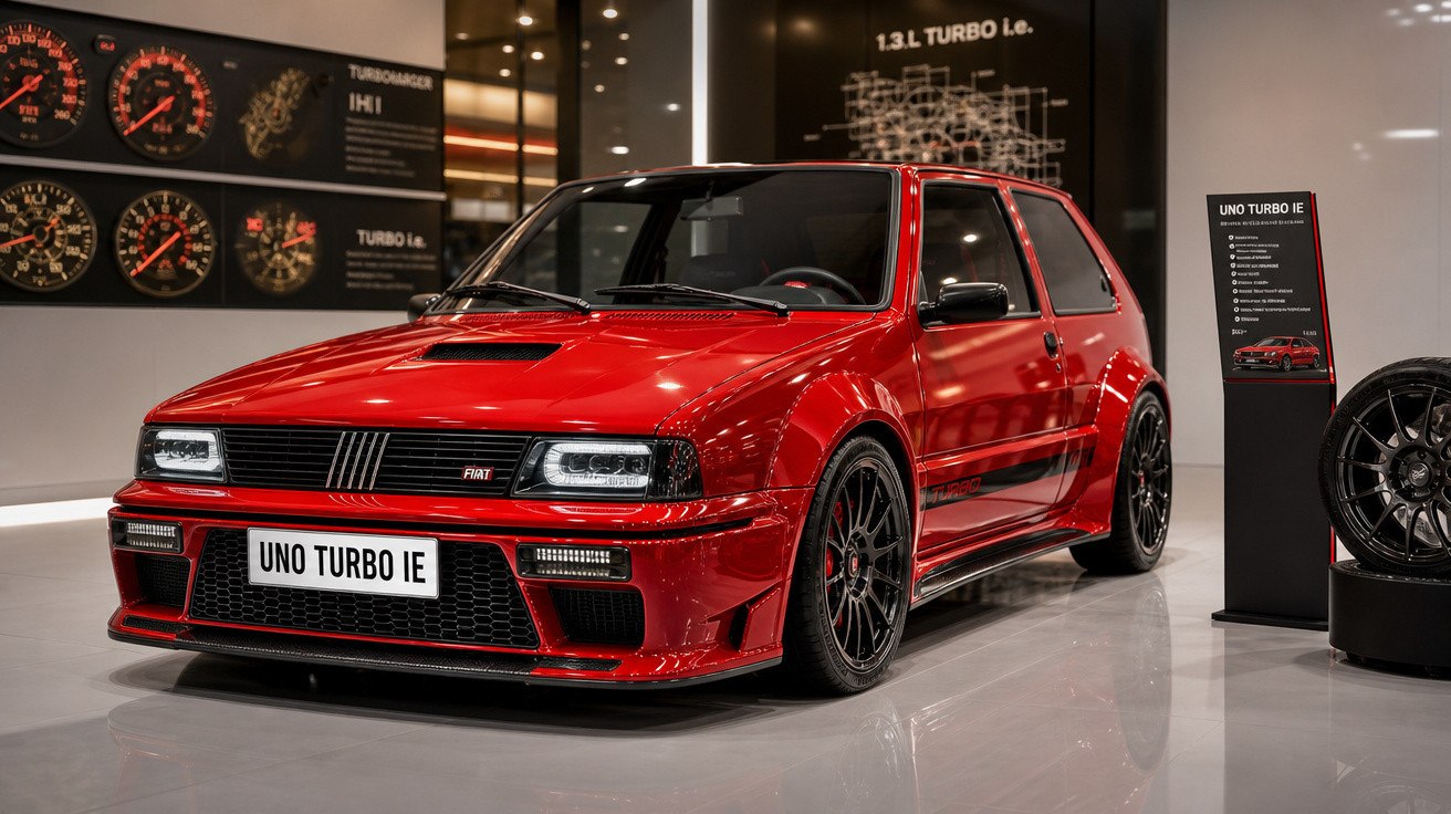 Carro esportivo vermelho Fiat Uno Turbo IE exposto em ambiente interno com placas e rodas ao lado.