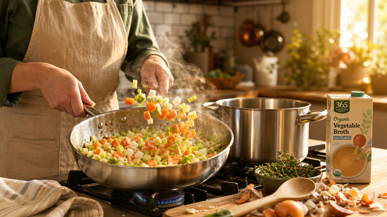 Pessoa cozinhando legumes em frigideira com panela, temperos e caldo de legumes na bancada da cozinha.