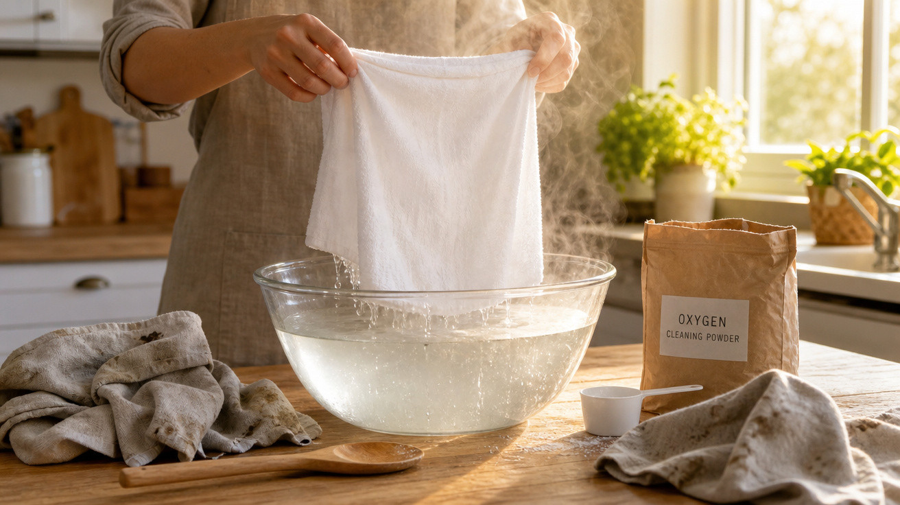 Pessoa lavando pano branco em uma tigela de vidro com água quente e pó de limpeza na cozinha.