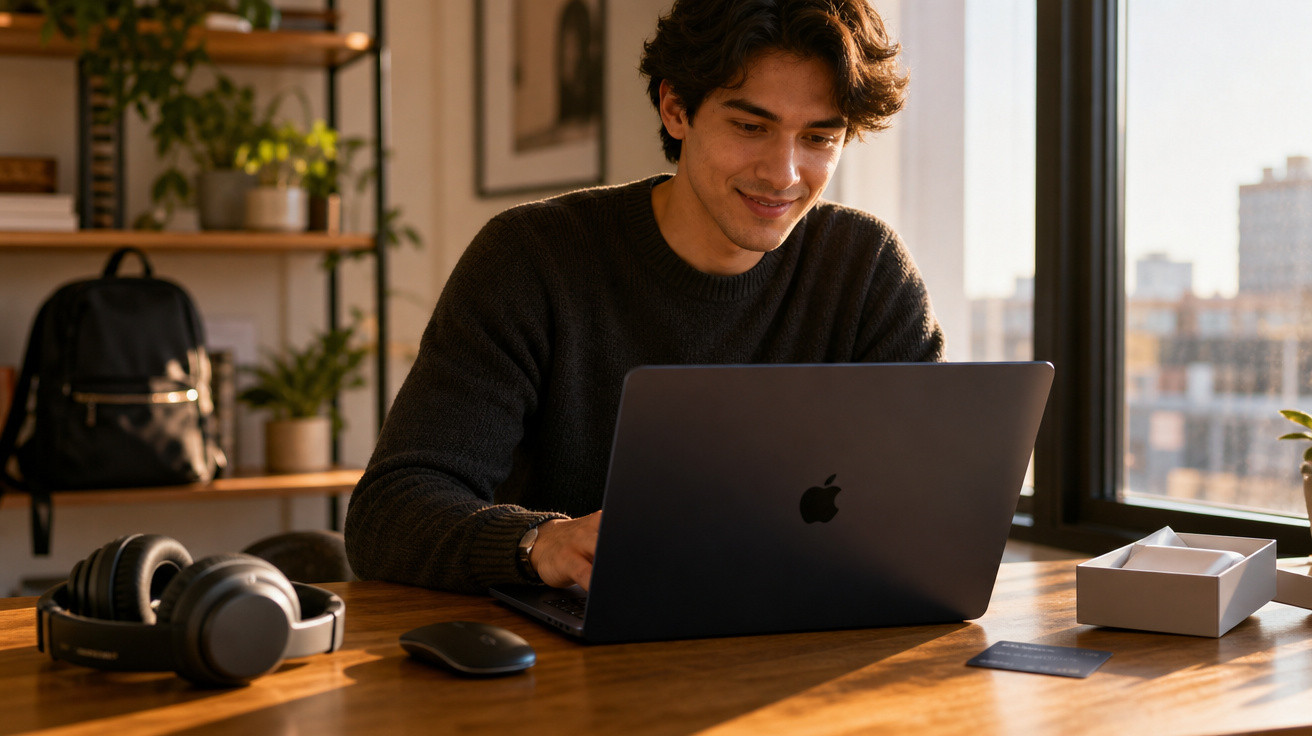 Jovem sorridente trabalhando em notebook Apple em mesa com fones, mouse e caixa, com janela ao fundo.