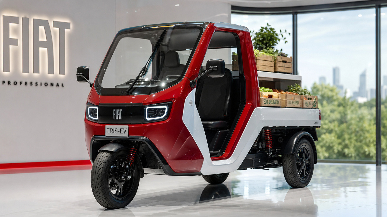 Veículo elétrico de três rodas Fiat TRIS-EV vermelho e branco exposto em showroom com caixa de entregas atrás.