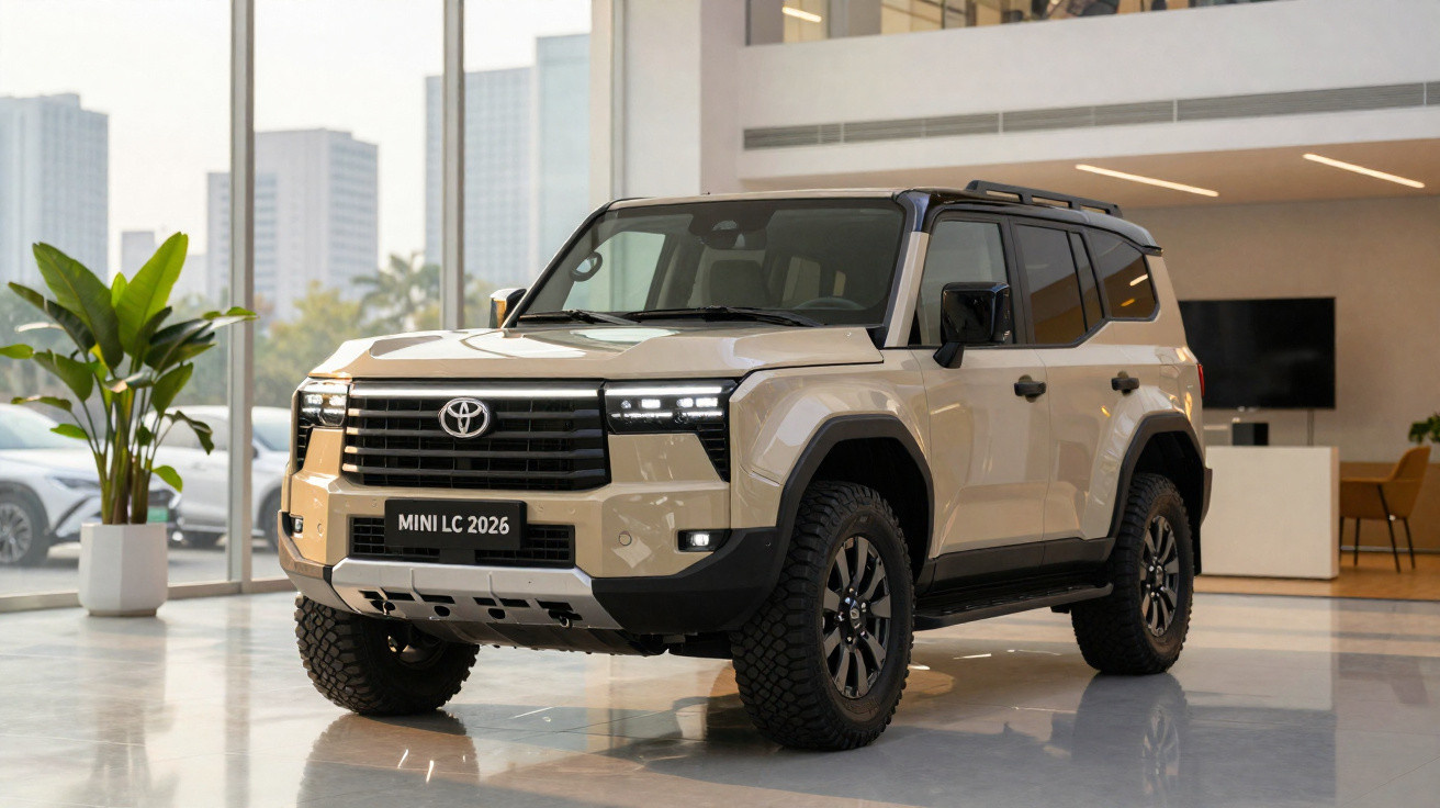 SUV Toyota Mini LC 2026 bege em showroom com piso brilhante e planta ao fundo.