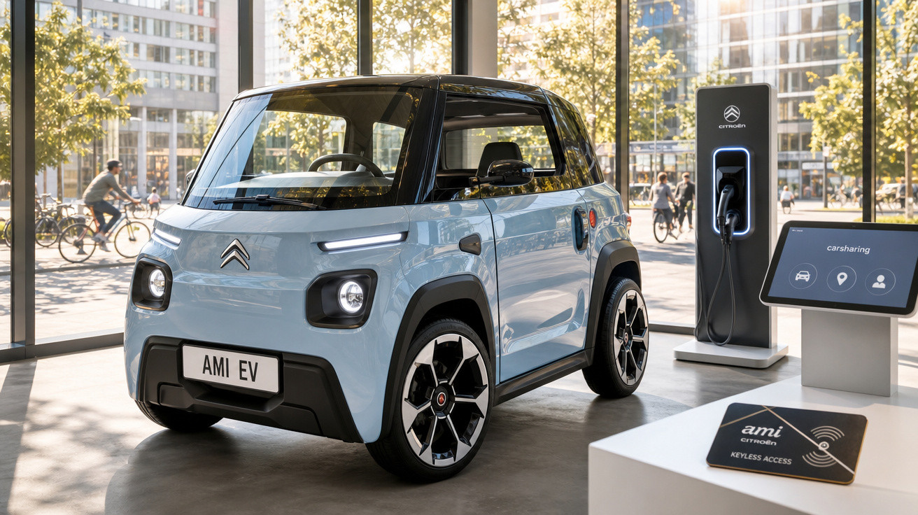 Carro elétrico Citroën Ami EV azul claro estacionado em showroom moderno com estação de recarga.