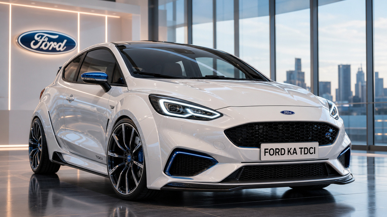 Carro branco Ford Ka TDCI em showroom moderno com grandes janelas e logo Ford ao fundo.