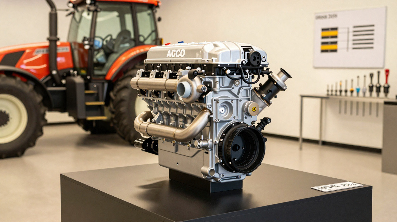 Motor agrícola AGCO exposto em pedestal com trator laranja desfocado ao fundo em ambiente interno.