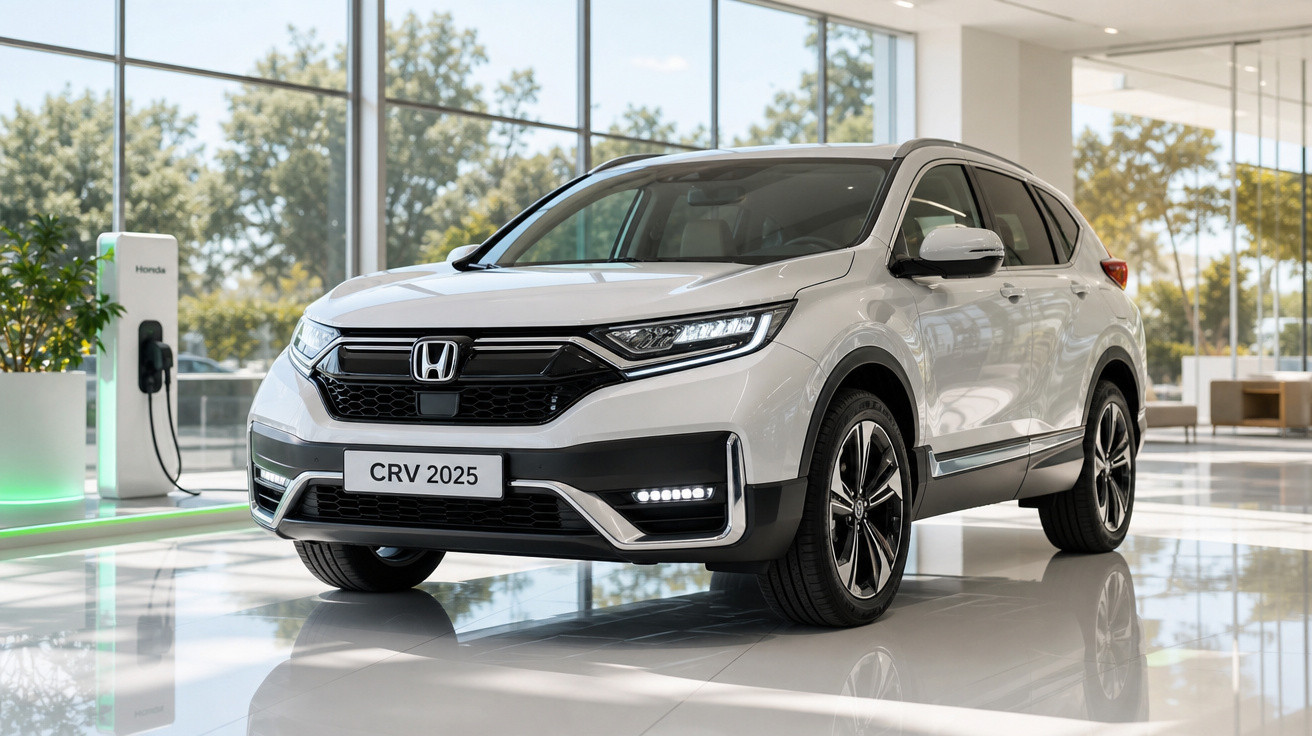 Carro SUV Honda CRV 2025 branco estacionado em showroom moderno com carregador elétrico ao fundo.