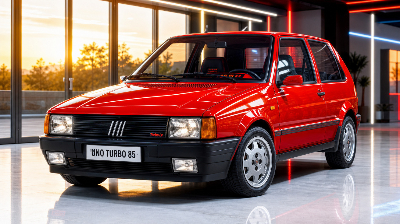 Carro Fiat Uno Turbo 85 vermelho estacionado em ambiente interno com iluminação moderna.