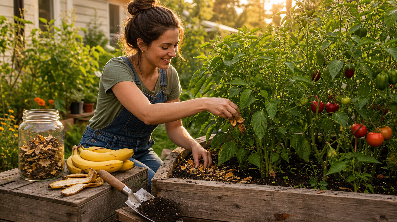 Mulher sorridente cuidando de plantas em jardim com iluminação dourada ao entardecer.