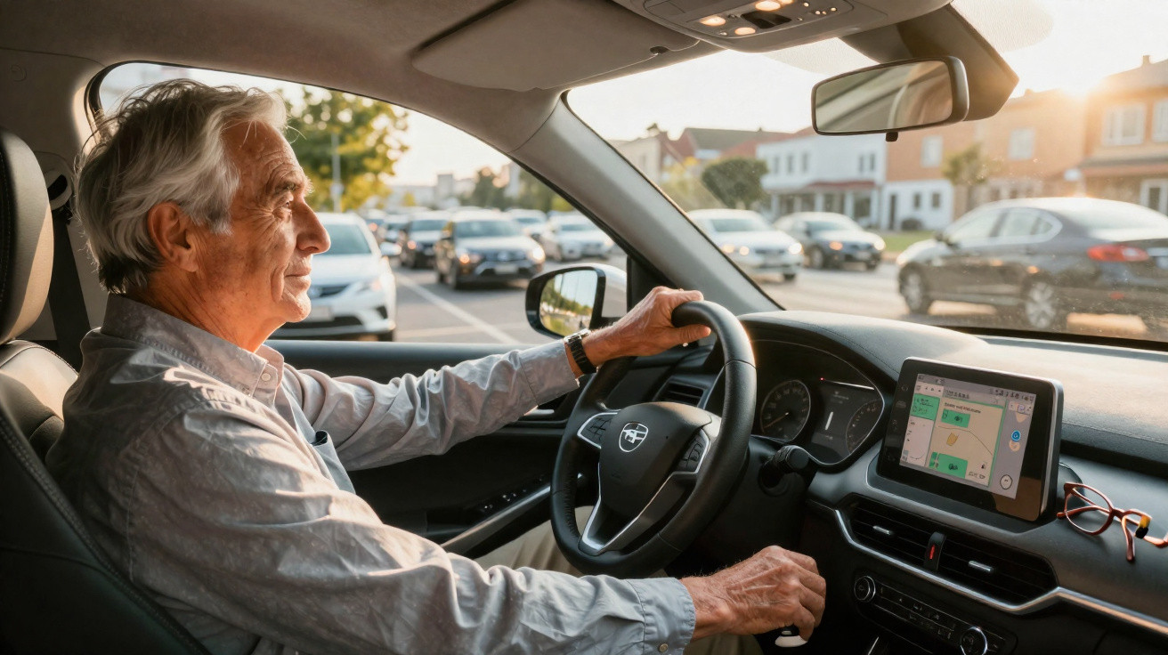 Homem idoso dirigindo carro moderno com GPS em estrada urbana ao pôr do sol.