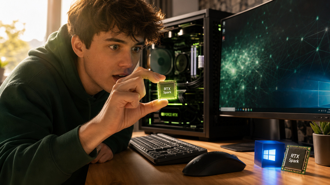 Jovem segurando um chip RTX Spark perto de computador desktop com tela ligada e teclado.