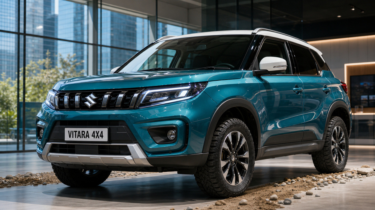SUV Suzuki Vitara 4x4 verde com teto branco exposto em showroom moderno.