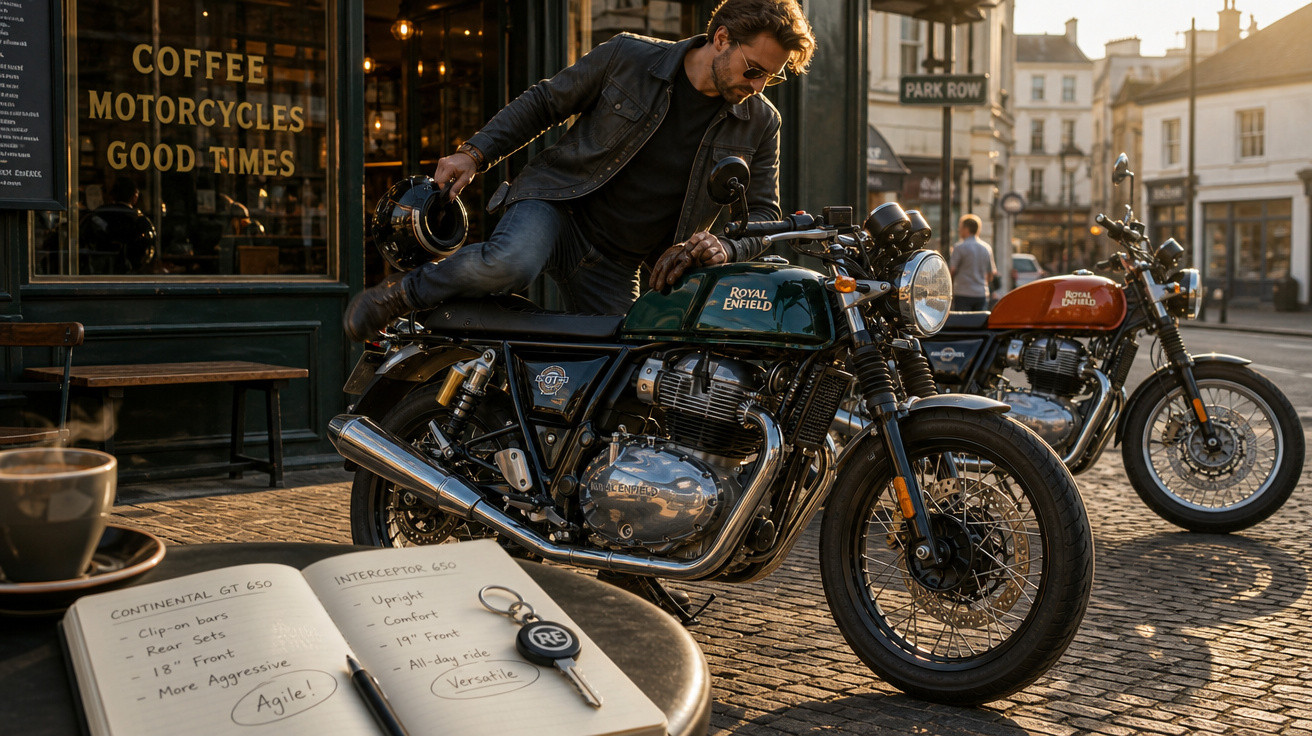 Homem de jaqueta equilibra-se em motocicleta Royal Enfield em frente a café com caderno, chave e outra moto ao fundo.