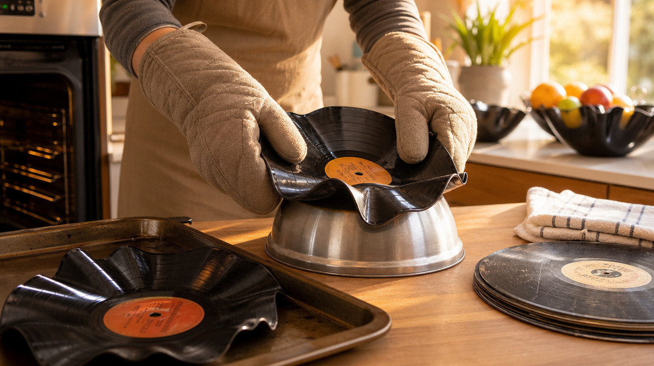 Pessoa usando luvas de forno molda disco de vinil sobre tigela para fazer vaso na cozinha.