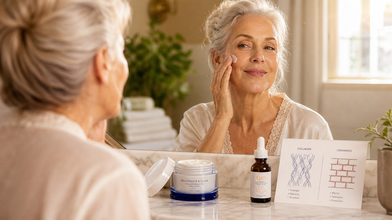 Mulher madura aplicando creme facial diante do espelho, com produtos de skincare sobre a bancada.