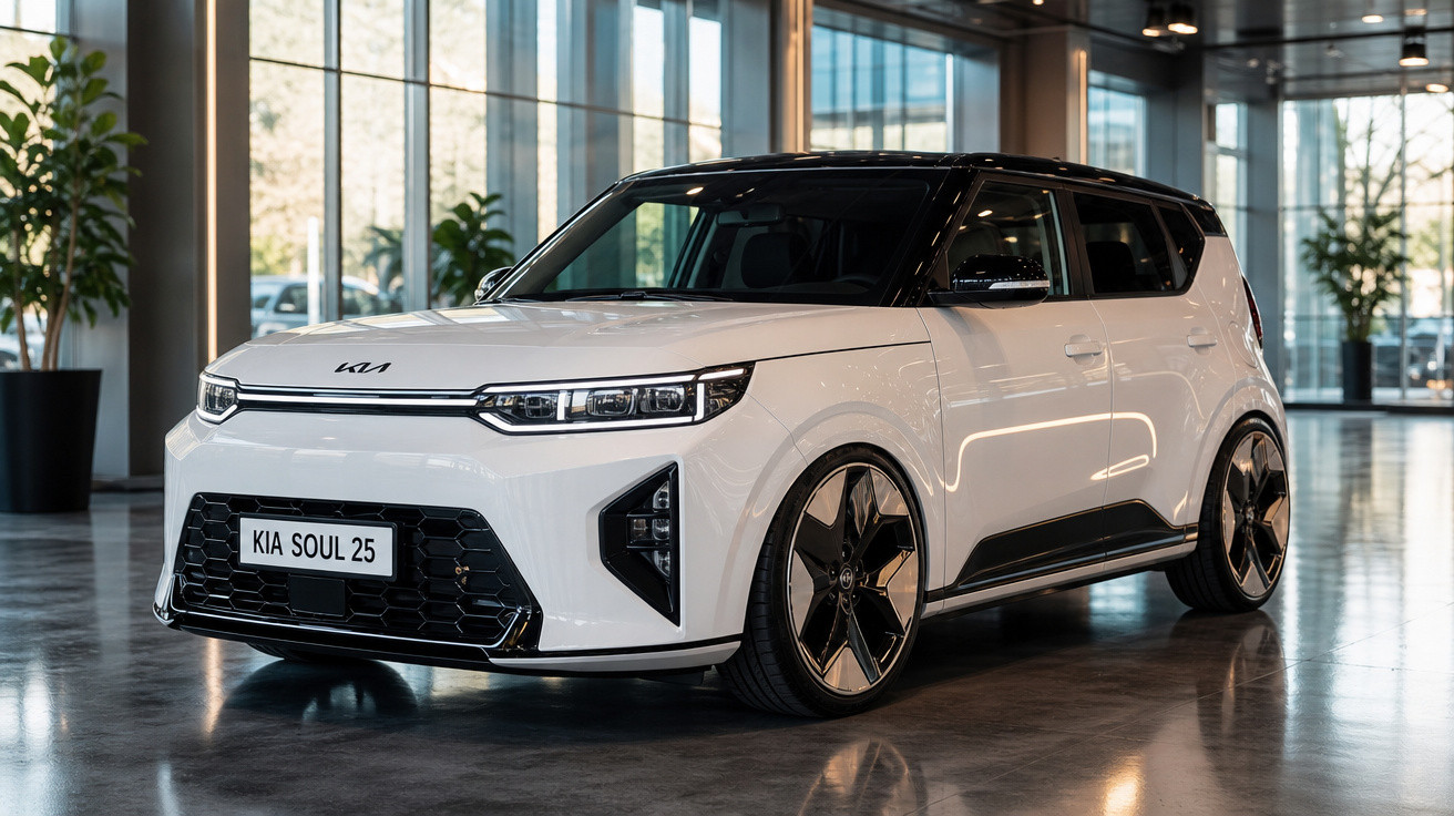 Carro Kia Soul 25 branco com teto preto, em ambiente interno moderno com piso espelhado.