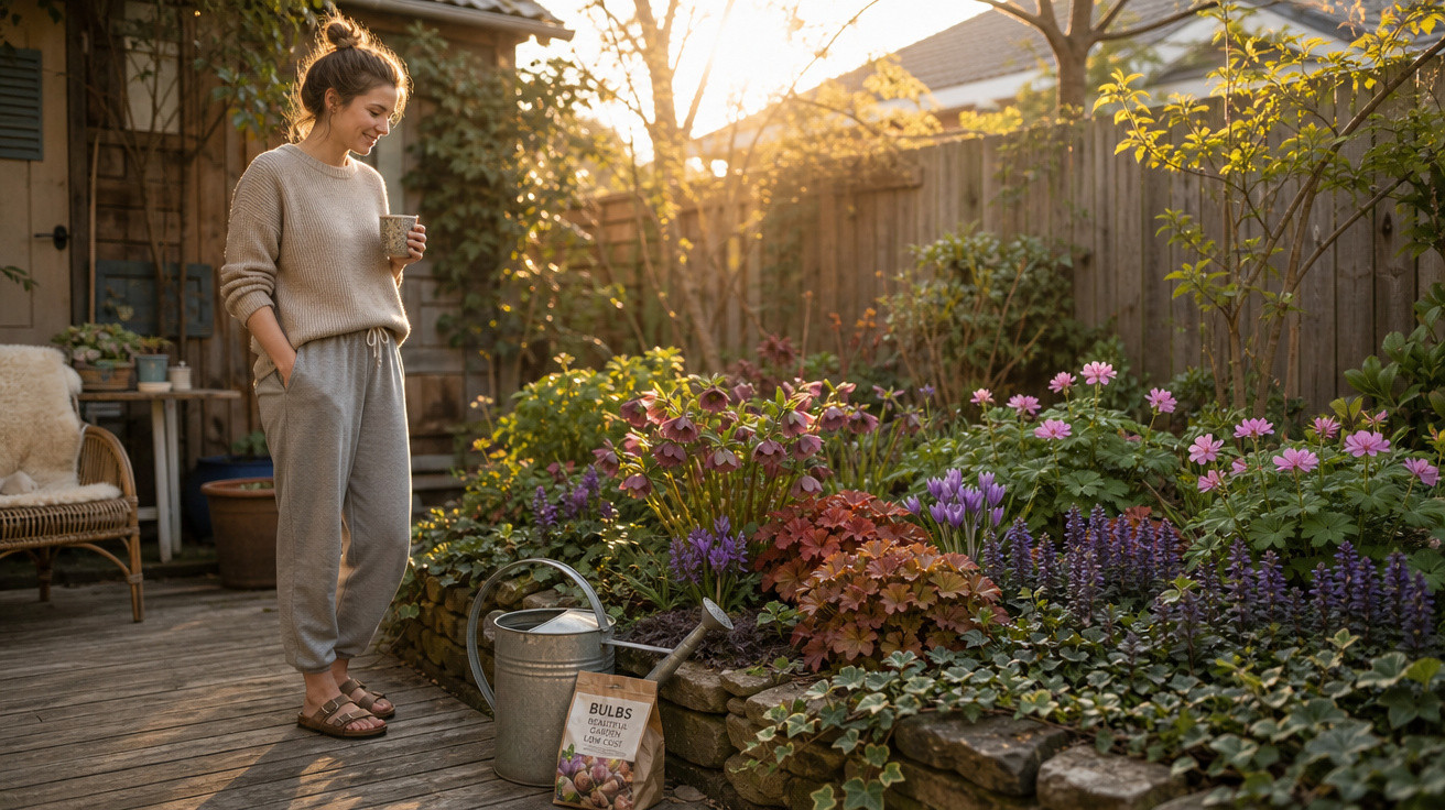 Mulher sorrindo segurando caneca ao lado de jardim florido em varanda iluminada pelo sol do fim da tarde.
