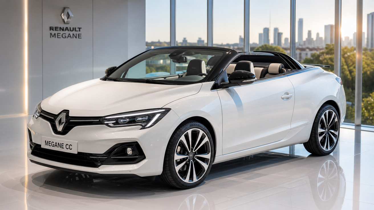 Carro conversível branco Renault Megane CC exposto em showroom moderno com vista panorâmica da cidade.