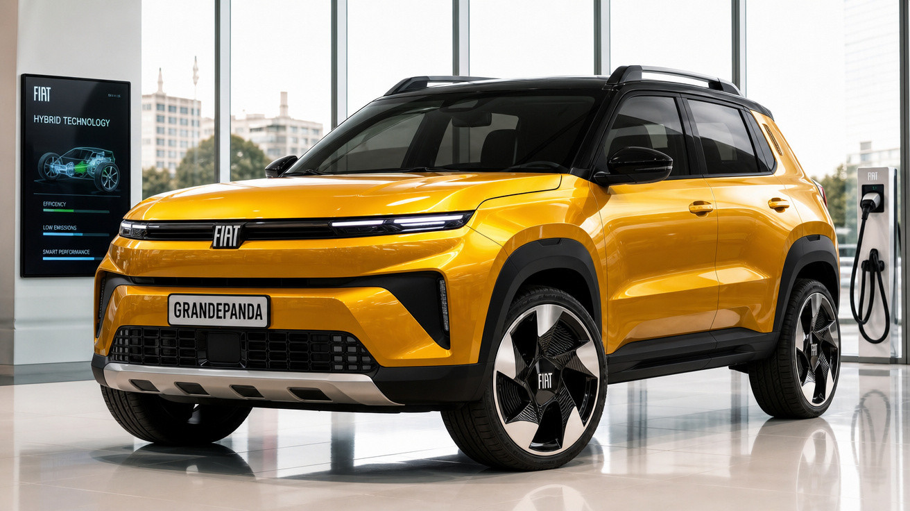 SUV Fiat Grande Panda amarelo com teto preto em showroom moderno com carregador elétrico ao fundo.