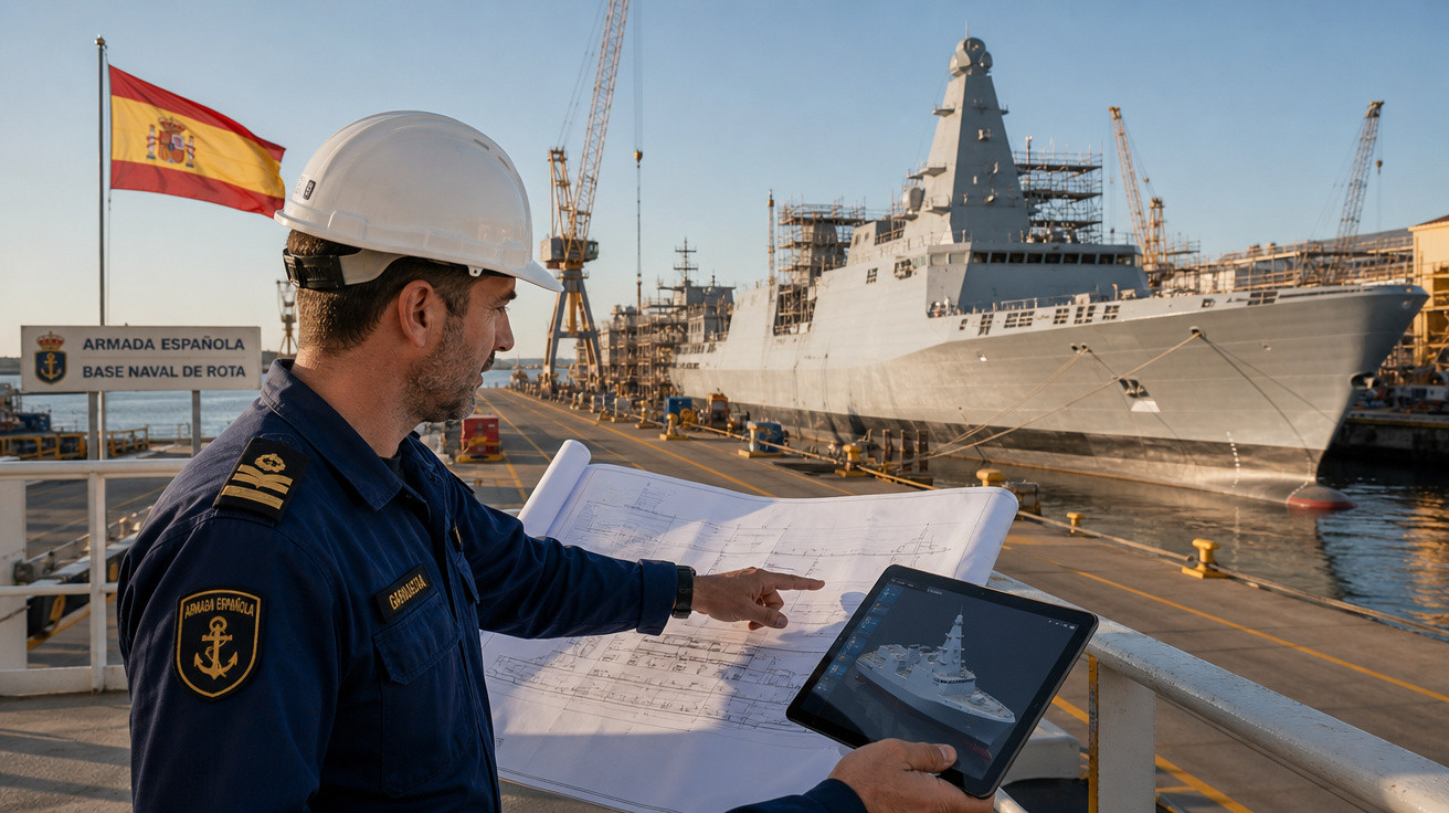 Homem uniformizado observa planta naval e tablet com modelo 3D de navio, em base naval com navio ao fundo.