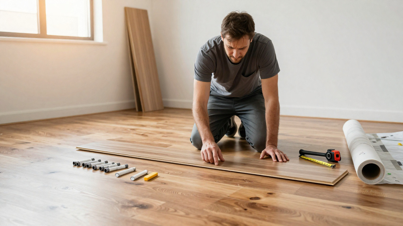 Homem instalando piso de madeira, com ferramentas e materiais espalhados no chão de cômodo vazio.