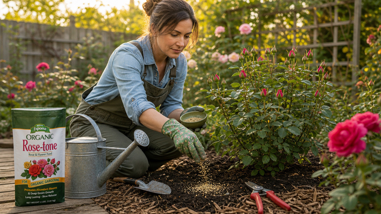 Mulher regando e cuidando de roseiras em jardim com fertilizante orgânico e regador ao lado.