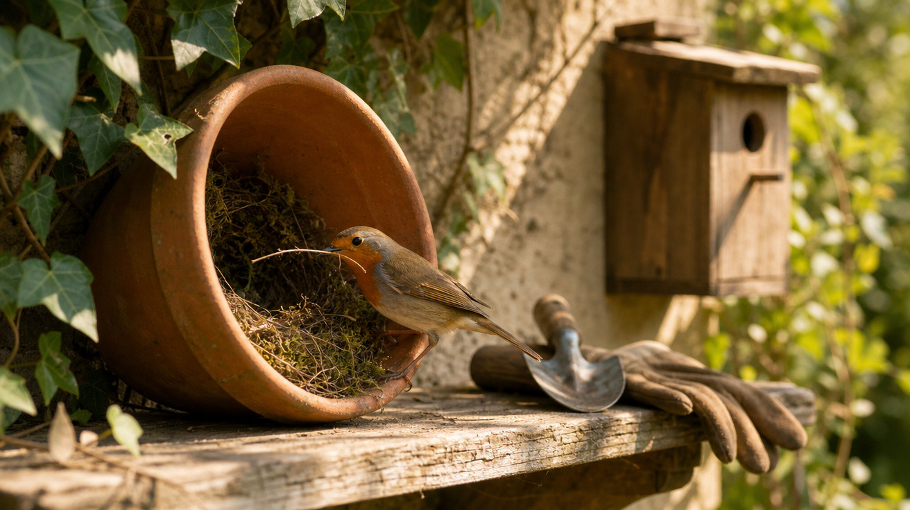 Pássaro construindo ninho em vaso de barro com ferramentas de jardinagem sobre banco de madeira ao ar livre.