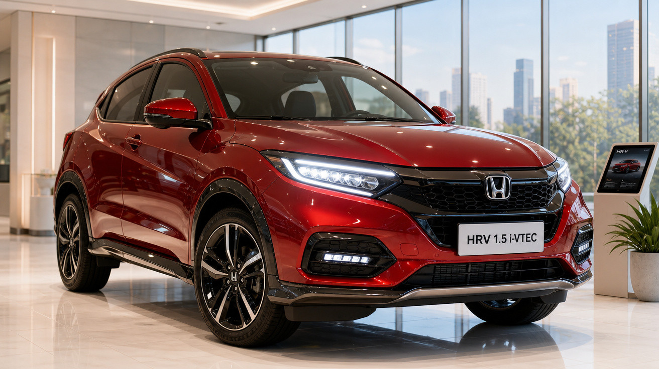 SUV Honda HR-V 1.5 i-VTEC vermelho em exposição dentro de showroom moderno com janelas amplas.