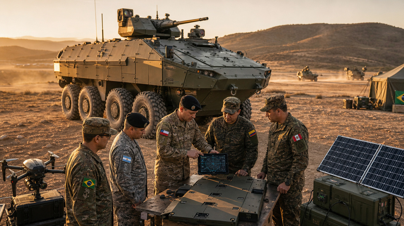 Militares de diferentes países em uniforme reunidos ao redor de uma mesa com equipamento eletrônico e veículo blindado ao fun