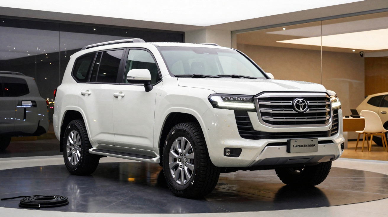 SUV branco Toyota Land Cruiser estacionado em showroom moderno com piso escuro e paredes de vidro.