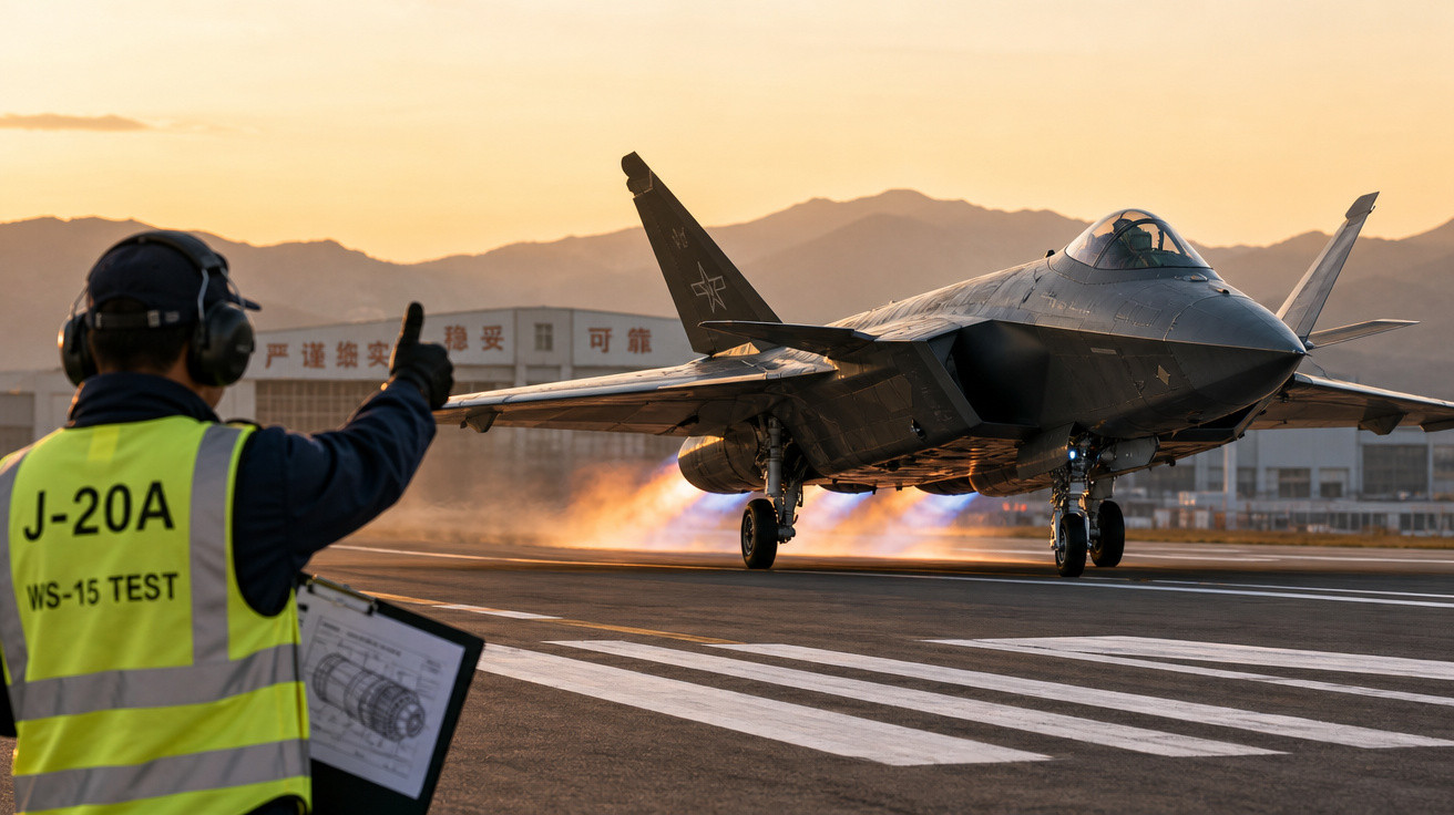 Caça J-20A decolando ao pôr do sol com responsável sinalizando positivo na pista.
