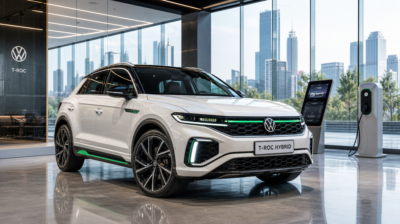 Carro elétrico híbrido VW T-Roc branco em showroom moderno com vista para prédios urbanos ao fundo.