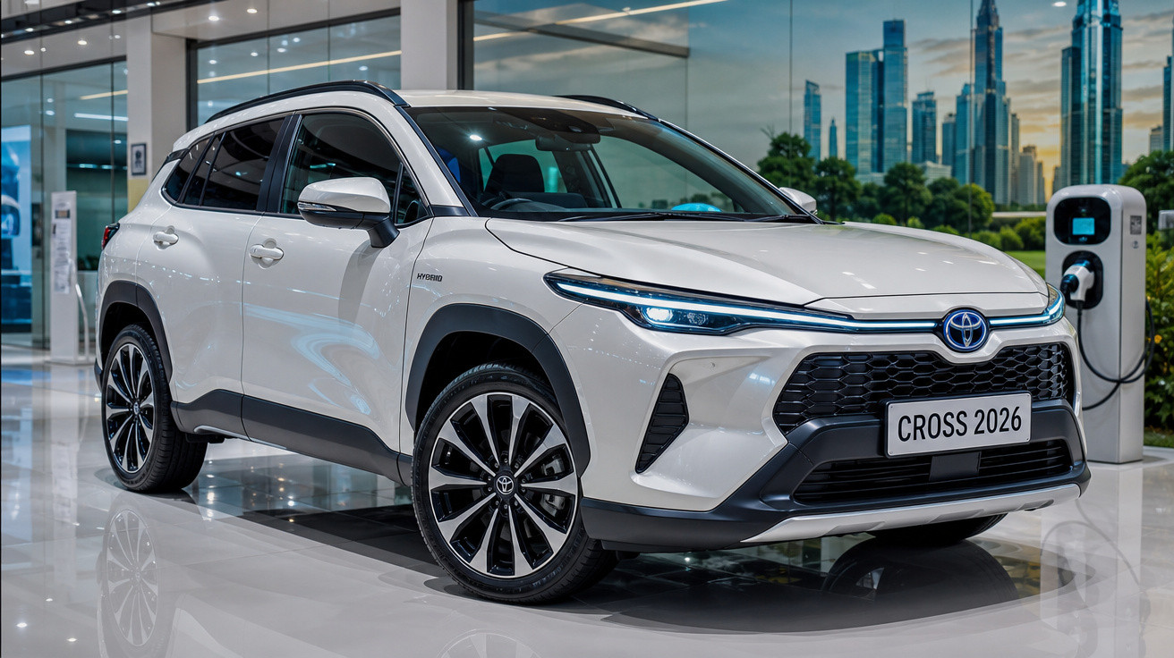 SUV híbrido branco Toyota Cross 2026 em exposição com carregador elétrico ao fundo.