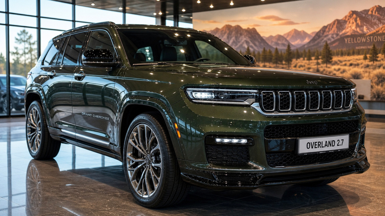 Jeep Grand Cherokee Overland 2.7 verde escuro exibido em showroom moderno com paredes de vidro e decoração de montanhas.